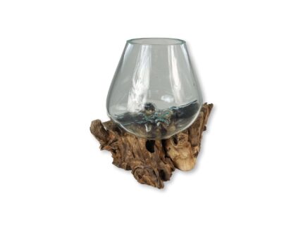 HSM Collection-Vaas Op Wortelhout-ø15x20-Bruin-Teak/Glas