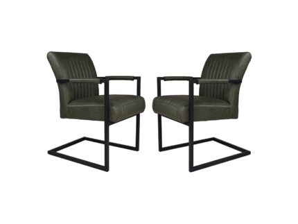 HSM Collection-Eetkamerstoel Texas Met Arm S/2-55x50x85-Groen/Zwart-Leder/Metaal