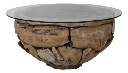 HSM Collection-Ronde Salontafel Root-ø80x45 (glas ø90)-Bruin-Teak/Glas