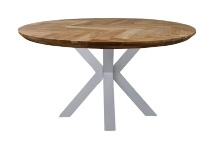 HSM Collection-Ronde Eettafel Fishbone-140x140x76-Naturel/Wit-Eiken/Metaal