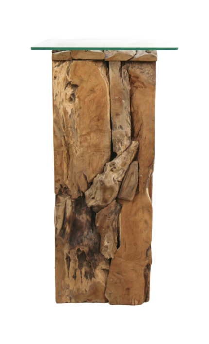 HSM Collection-Pilaar Root Met Glasplaat-30x30x80-Naturel-Teak