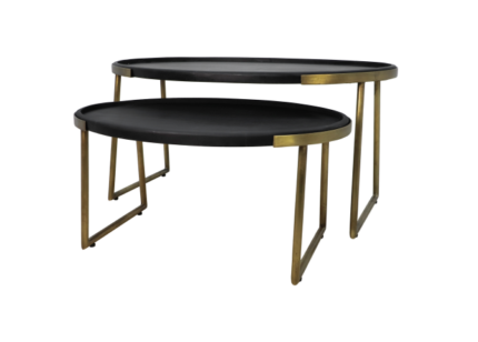 HSM Collection-Ovale Salontafel Paulson S/2-90x60x45/70x50x35-Zwart/Goud-Mango/Metaal