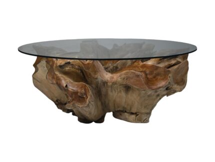 HSM Collection-Ronde Salontafel Flower Met Glas-100x100x44-Naturel-Teak