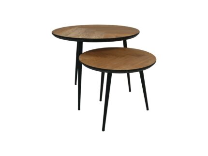 HSM Collection-Ronde Bijzettafel Fishbone S/2-ø60x49/ø45x39-Naturel-Zwart/Zwart-Eiken/Metaal